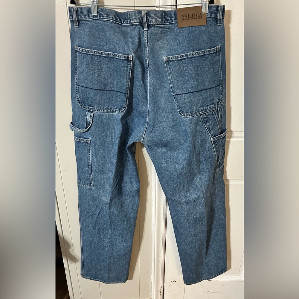 Nautical jeans company wide leg carpenter style.